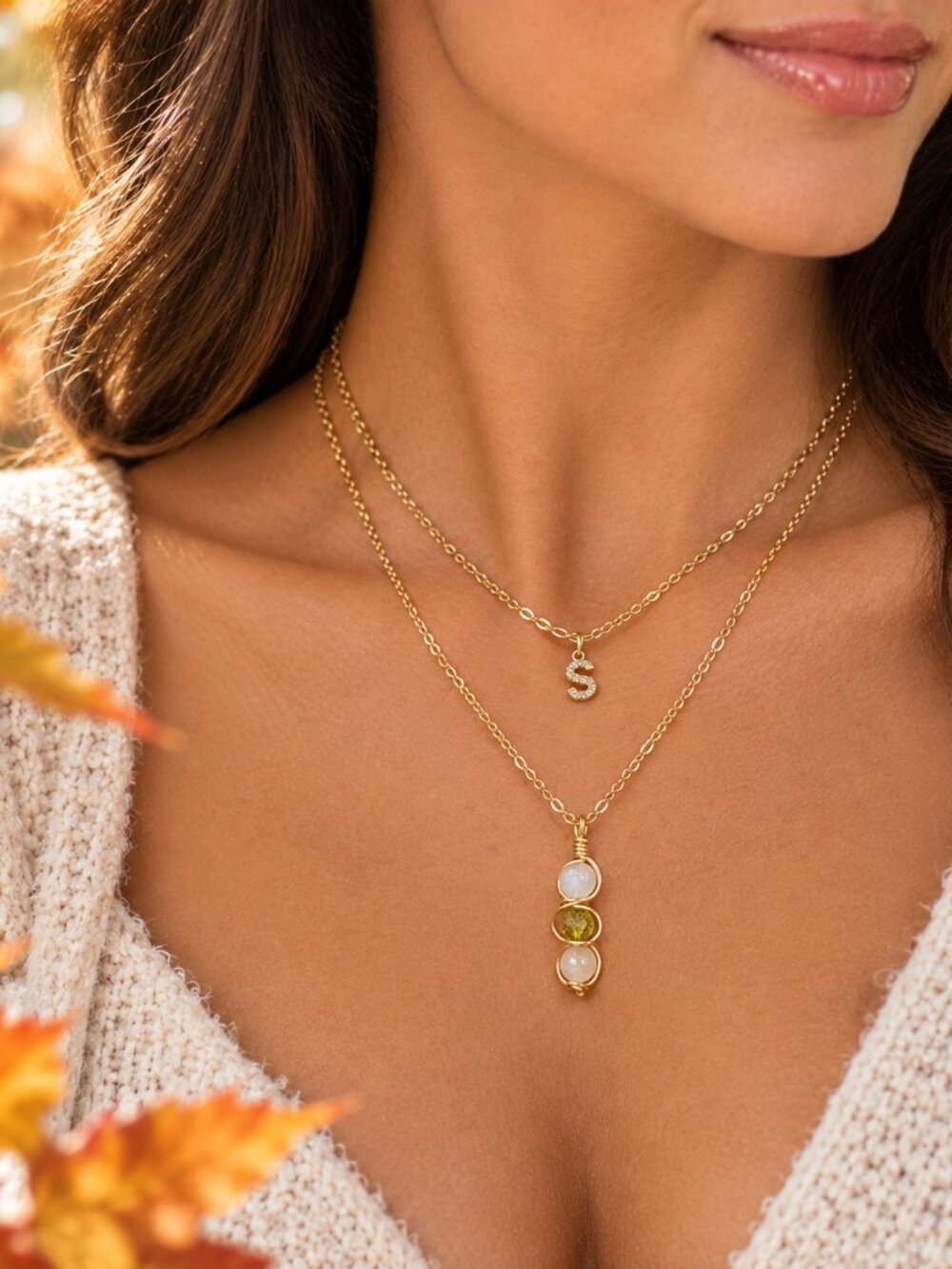 Handmade Gold Plated Two-Strand Initial S Necklace with three gemstone beads